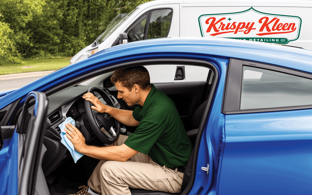 A Krispy Kleen detailer cleaning the dashboard of a blue car
